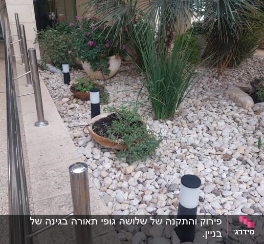 מנורות גינה על עמודים בין אבנים וצמחים